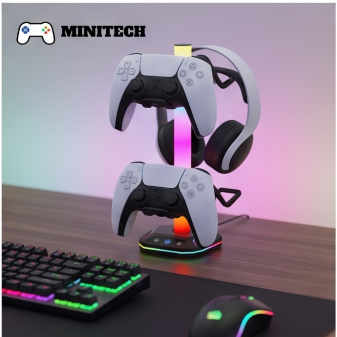 Giá Đỡ Tay Cầm Chơi Game & Tai Nghe RGB 2 Tầng Có USB - Ảnh 3